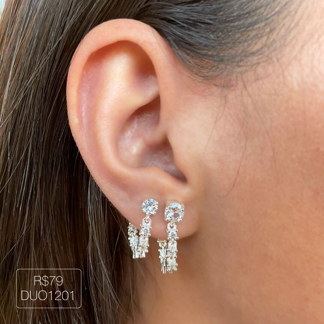 Duo Brinco Ear Turner Riviera Cristal Prateado